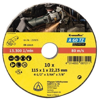 Отрезной круг Klingspor A 60 TZ Special 115x1x22,23, упаковка 10 шт
